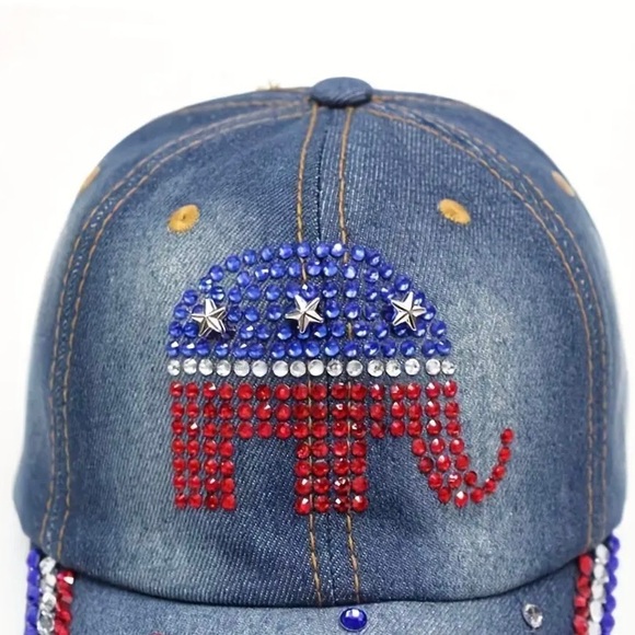 🇺🇸Stylish Blingy Slightly Distressed Rhinestone Republican Elephant Denim Cap! - Picture 2 of 6